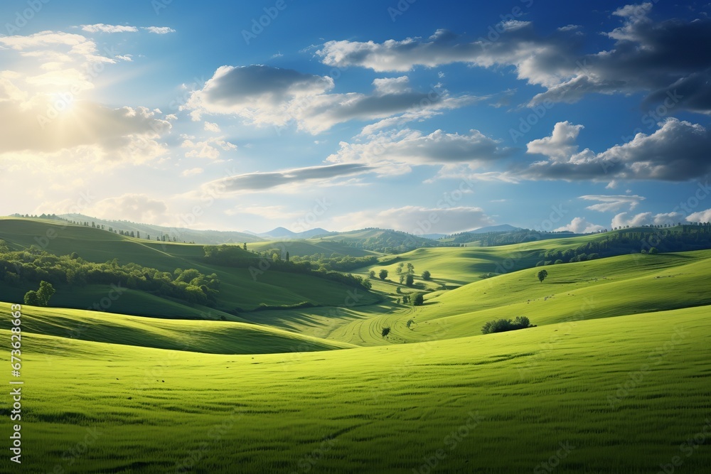 Obraz premium Sunlit meadow and rolling hills forming a serene natural landscape