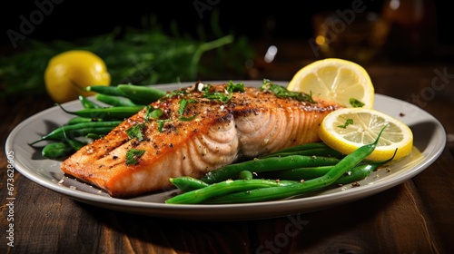 Seared salmon steak with green bean and lemons on wooden table with blurry background beautiful, Generative Ai © Nisa