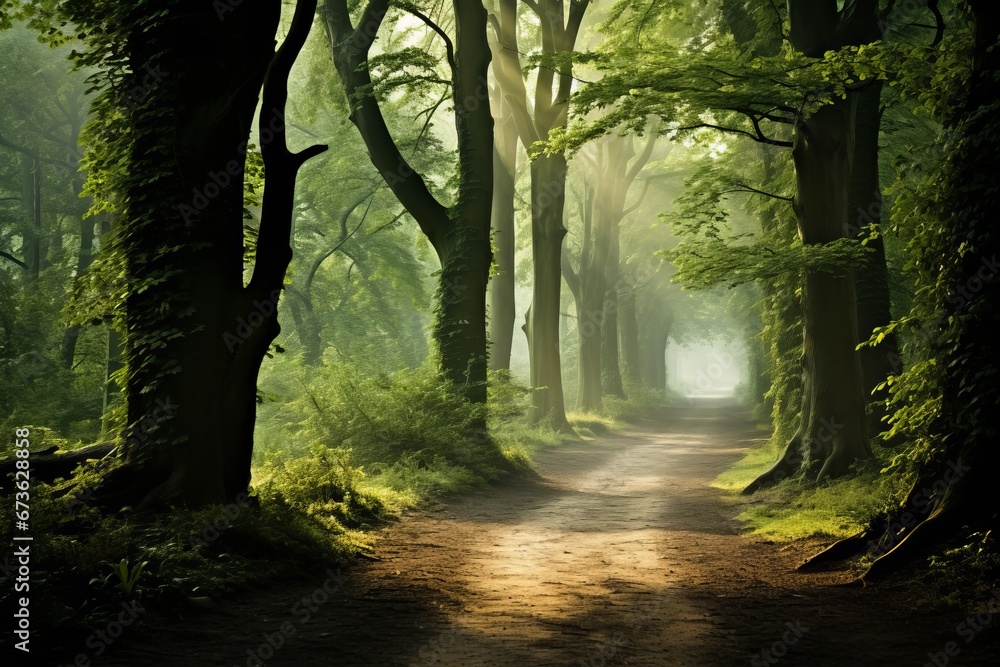 Obraz premium Tranquil forest path leading through a serene natural environment