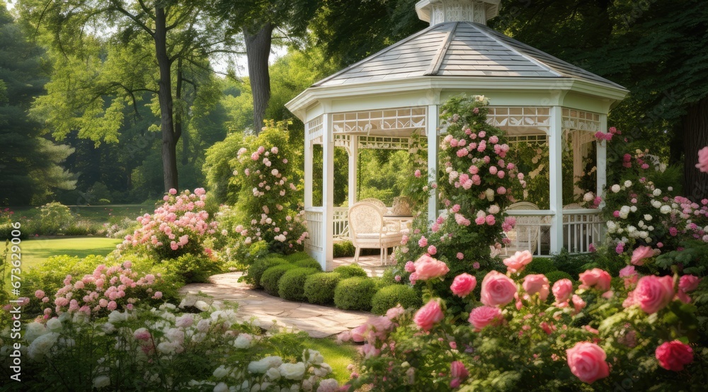 Gazebo with flowers in and garden. Generative AI