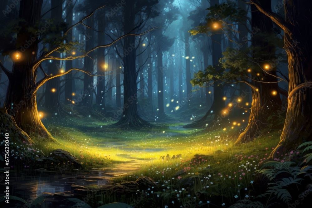 Mesmerizing forest painting illuminated by enchanting fireflies