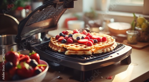 Close up of waffles baked on waffle maker iron machine. Generative AI photo