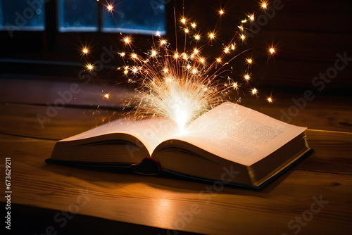 An ancient book on a wooden table, where sparkling powder spreads out. Generative AI