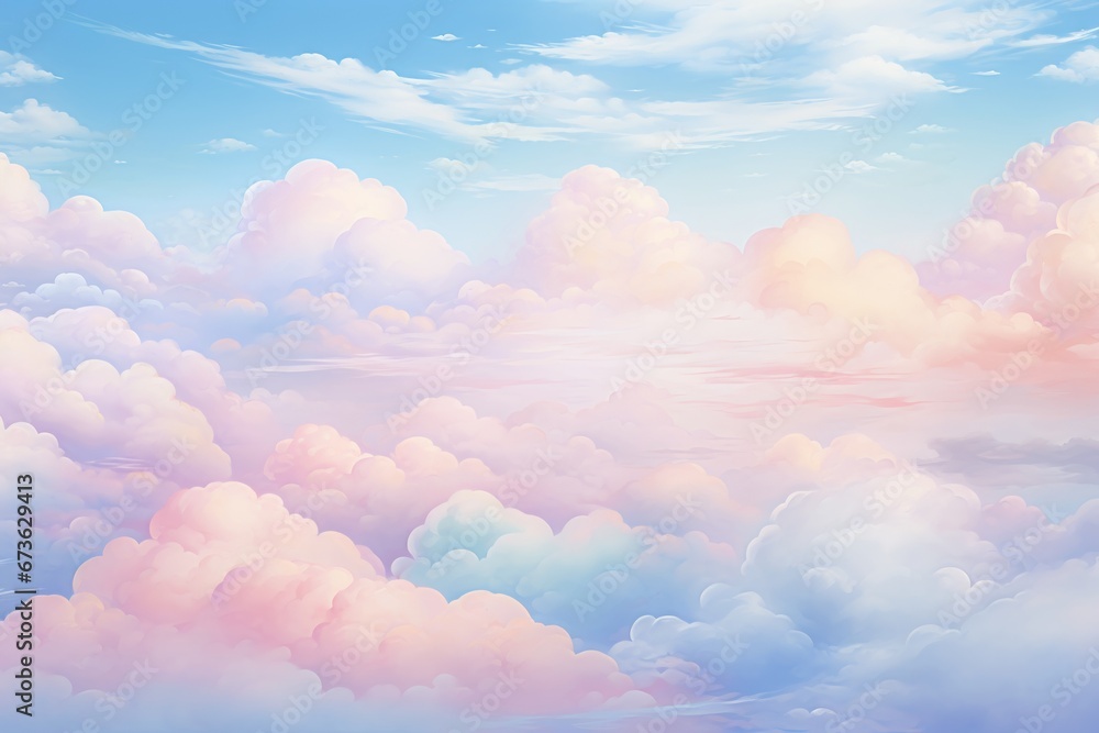 Whimsical and dreamy wallpaper background with pastel-colored clouds in a blue sky Whimsical and dreamy wallpaper background with pastel-colored clouds in a blue sky