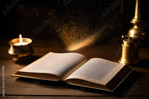 An ancient book on a wooden table, where sparkling powder spreads out. Generative AI