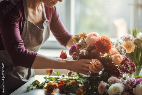 Woman's hands arranging fresh flowers for a holiday centerpiece. photo