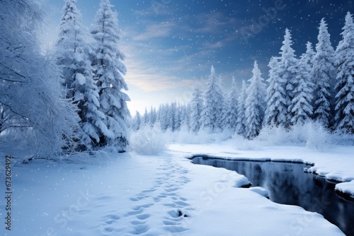 Winter wonderland scene with snow covered trees and a full moon.