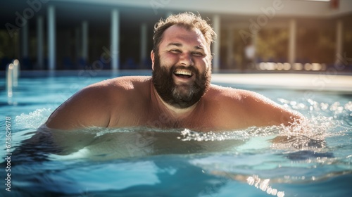 A confident plussize man swimming in a pool for fitness © Cloudyew