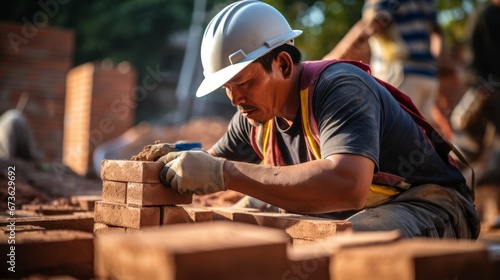A construction worker laying bricks for a new building