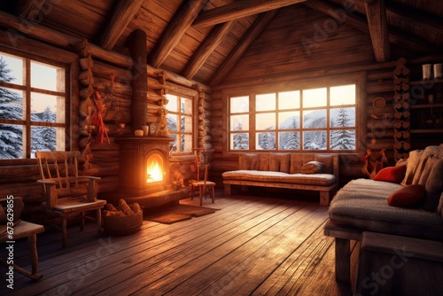 cozy rustic winter cabin interior 3d illustration, Generative AI