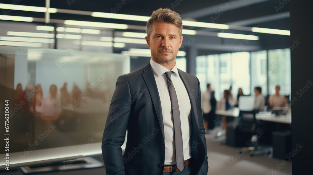 Business man makes a presentation in the office standing professional person
Business man makes a presentation in the office standing professional person