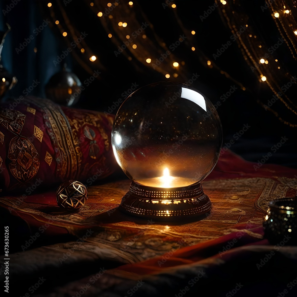 A close-up image of a crystal ball on an elaborate cloth-covered table in a dimly lit room.