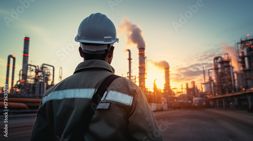 back worker Industrial view at oil refinery.person with a mask
