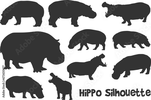 set of silhouette of hippo