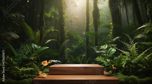 wooden podium in tropical forest for product display, Generative AI