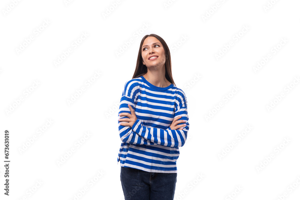 charming young slim european model woman wears striped blouse on white background with copy space charming young slim european model woman wears striped blouse on white background with copy space