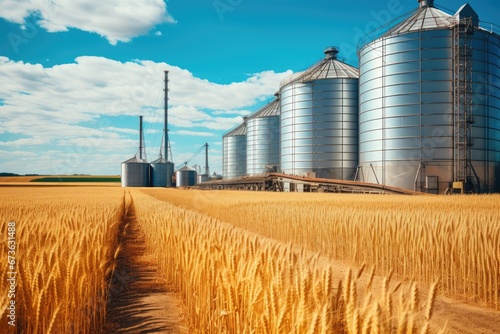 Agricultural silo granary in wheat field. Storage of agricultural products photo