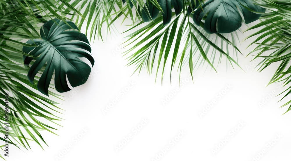 Fototapeta premium Summer tropical composition with green palm leaves on white background. Generative AI