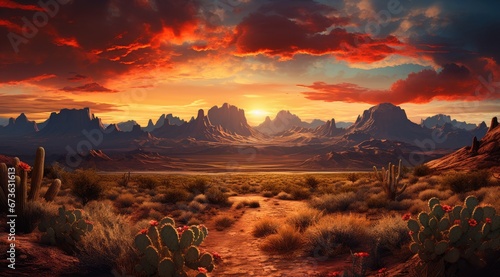 Fotografija Wild West Texas desert landscape with sunset with mountains and cacti