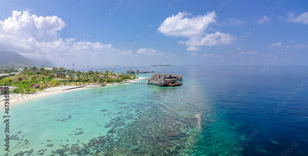Meedhoo, Raa Atoll, Maldives Aerial Shot of Sea and Island and Summer Houses
