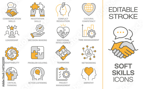 Soft skills icons, such as communication, teamwork, problem solving, empathy and more. Editable stroke.