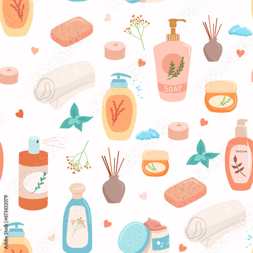 Seamless pattern with skin care products flat cartoon illustrations, body lotion, face toner and cream. Vector cosmetic objects in tube with leaves on white background