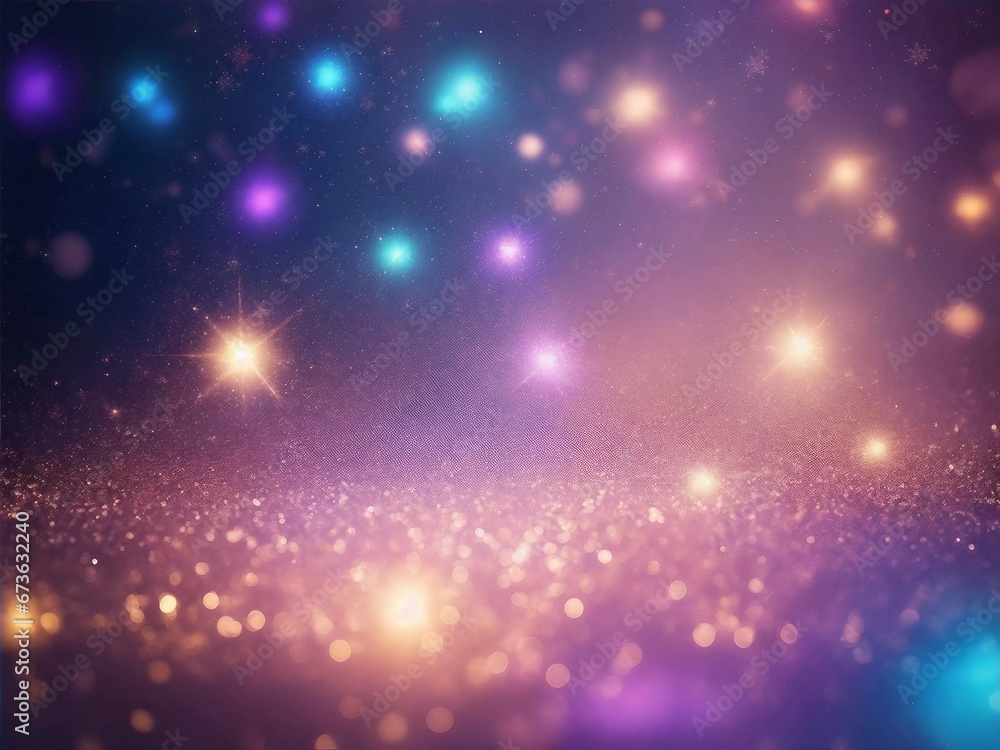 Blurred sparkles shine with purple, gold and blue bright sparkles, shimmering dust,.magical atmosphere, vibrant colors. Generative AI.