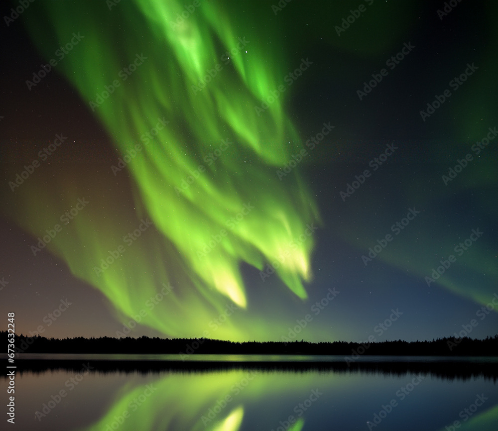 aurora borealis over the lake, Milky Way at Night 