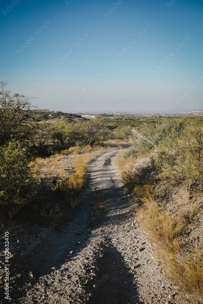 White dirt ATV trail through green bushes and desert landscape in Camp Verde Arizona 