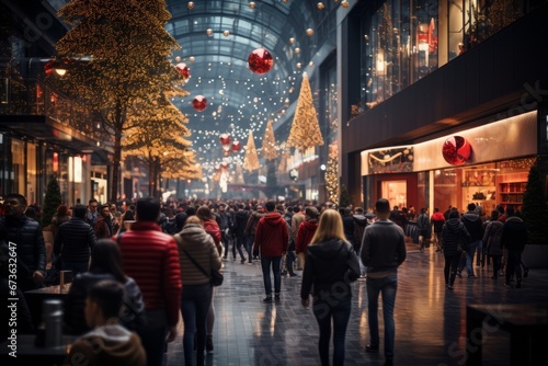 Crowded shopping mall with people hustling and bustling during Black Friday sales, Generative AI