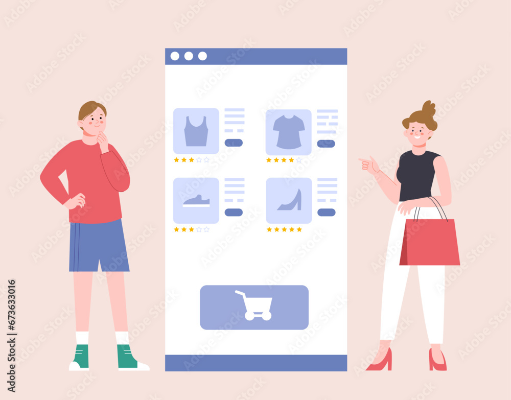 Online store review and looking feedback for items. Girls thinking about buying and look mentions at buyers, digital store vector concept Online store review and looking feedback for items. Girls thinking about buying and look mentions at buyers, digital store vector concept