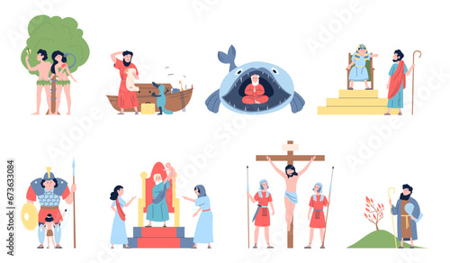 Bible scenes with holy religion characters. Sacred books and myphs people, mythology and christian stories. First person in garden, recent vector concept