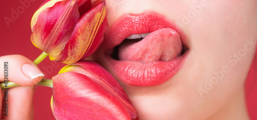 Sexy mouth. Sensual woman lips close up. Tender and seductive. Intimate fantasy. Cosmetic lipgloss. Macro lip. Sexual, passionate and temptation symbol. Erotica, provocative icon. Seductive tongue.