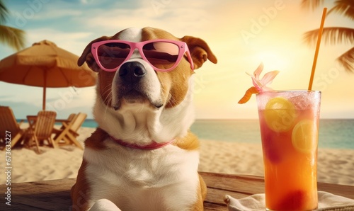 cool dog on the beach with cocktail summer time concept, Generative AI © Picture Perfect