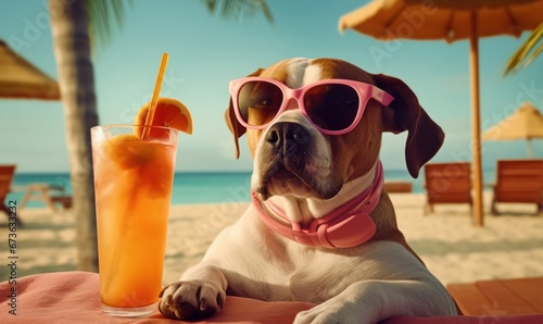 cool dog on the beach with cocktail summer time concept, Generative AI © Picture Perfect