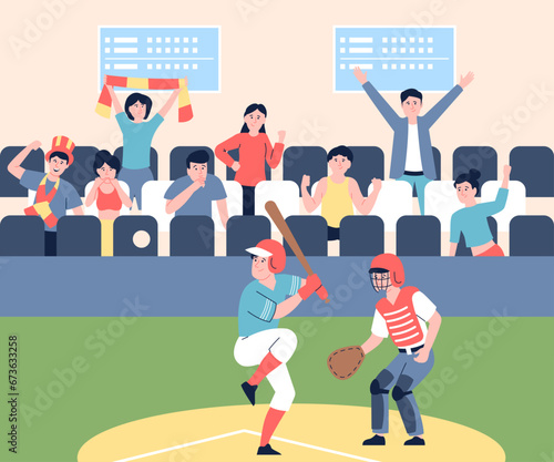 Baseball match on stadium with fans. Players and spectators, american sport athletes play competition. Flat recent vector championship scene
