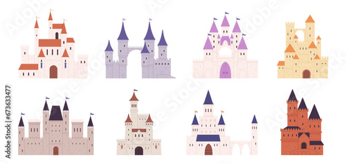 Isolated flat medieval castles. Fortresses, castle and towers collection. Cartoon king houses, fairytale buildings. Fantasy architecture racy vector elements