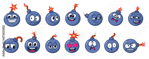 Cartoon bomb characters. Various emotional bombs, isolated weapon mascots. Retro faces expressions, military explosion game nowaday vector icons
