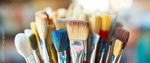 paint brushes in painting studio , AI generated photo