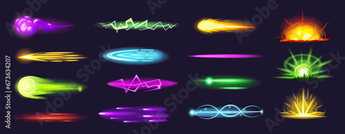Blaster shot effect. Neon laser ray and plasma shooting. Game shots from blaster or space gun. Comic lightning, energy explosion nowaday vector set