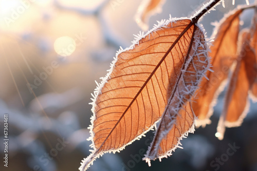 Frosty macro stock photography autumn leaves on a winter morning snow ground. Generative AI