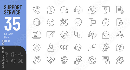 Support Service Line Editable Icons set. Vector illustration in thin line modern style of customer service icons: feedback, technical support, assistant, information, and more. Isolated on white.