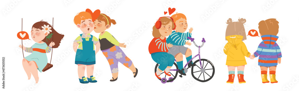 Little Kids in Love with Heart Feeling Affection Vector Set Little Kids in Love with Heart Feeling Affection Vector Set
