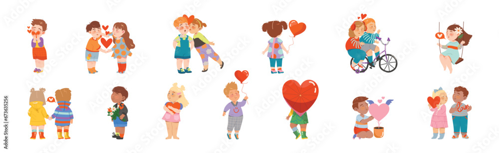 Little Kids in Love with Heart Feeling Affection Vector Set