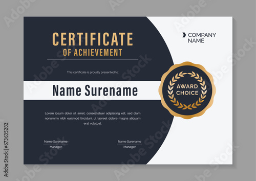 elegant gold and black horizontal certificate of achievement design template with gold badge
