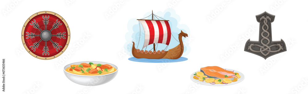 Norway Country Native Object and Symbol with Boat, Shield, Anchor and Food Vector Set