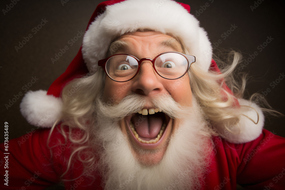 Portrait of a crazy, funny, Santa Claus looking guy wearing an eye wear