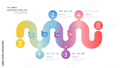 Business step timeline infographic arrow template. Modern milestone element timeline diagram calendar and 4 quarter topics, vector infographics.