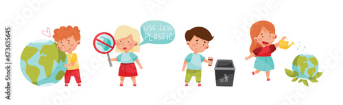 Kid Characters Saving Planet Take Care of Environment Vector Set