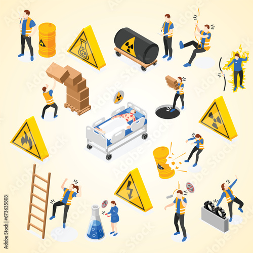 safety precaution workplace isometric icons set isolated vector illustration